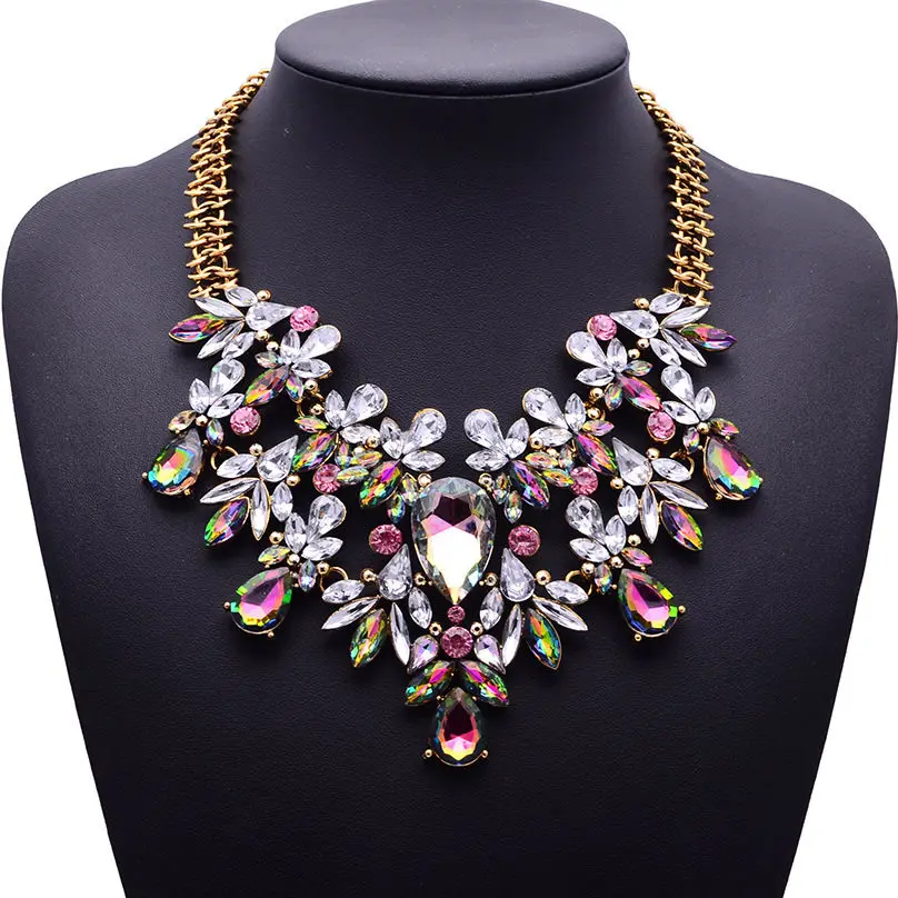 

European and American big brand retro exaggerated colored gemstone decorative necklace women Korea short clavicle necklace with, As shown in color