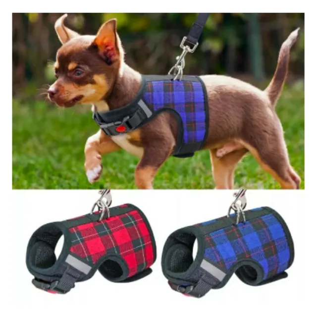 

New China Custom Adjustable Reflective Plaid Dog Harness Vest with Matching Leash