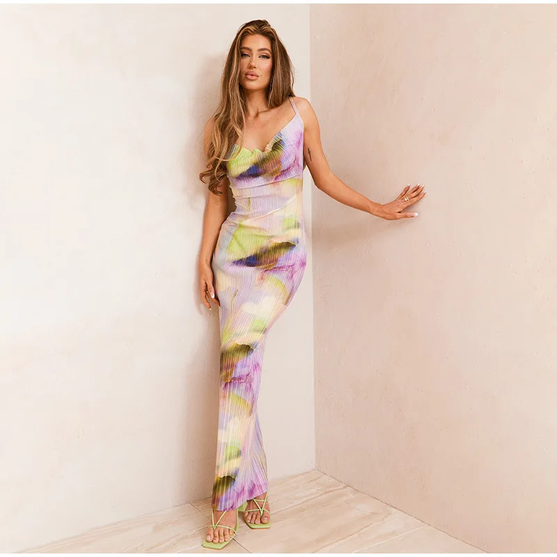 

2023 Summer Sexy Tie Dye Printed Pleated Maxi Dresses For Women