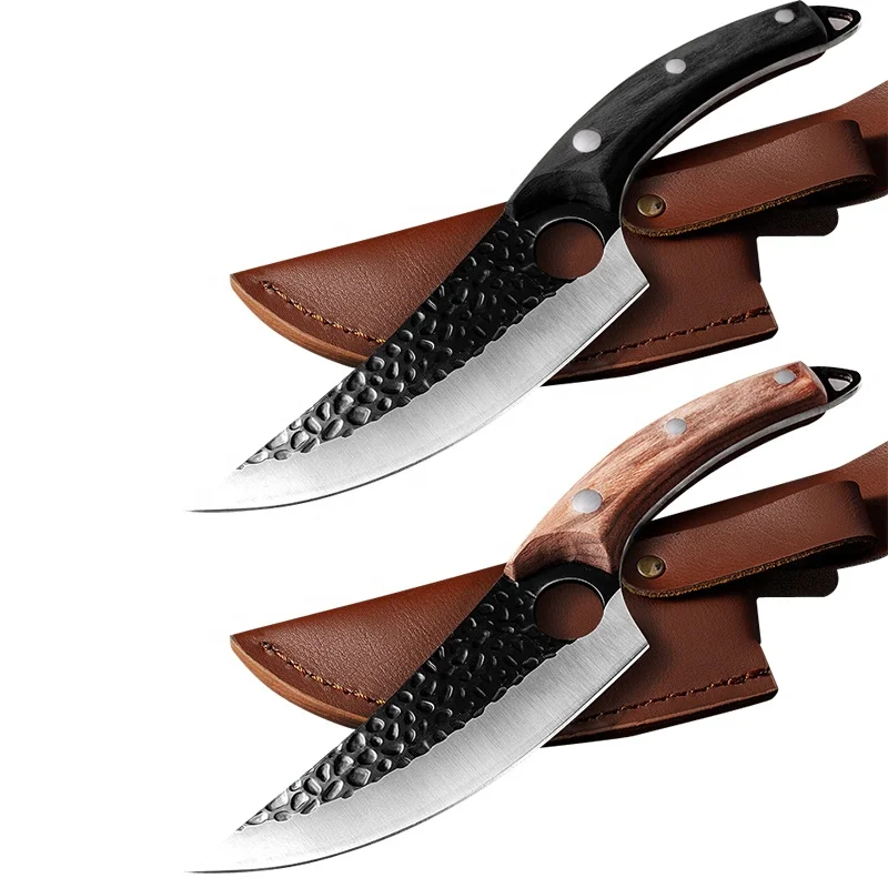 

Curved Black Blade Hammered Sharp Kitchen Knife Outdoor Serbian Survival Fillet Full Tang Wood Hand Boning Knife with Sheath