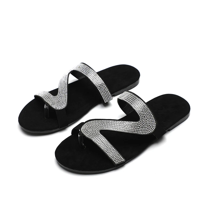 

Dropshipping sandals summer cheap slippers for ladies bling outdoor flat sandals large size women flat slippers, Black