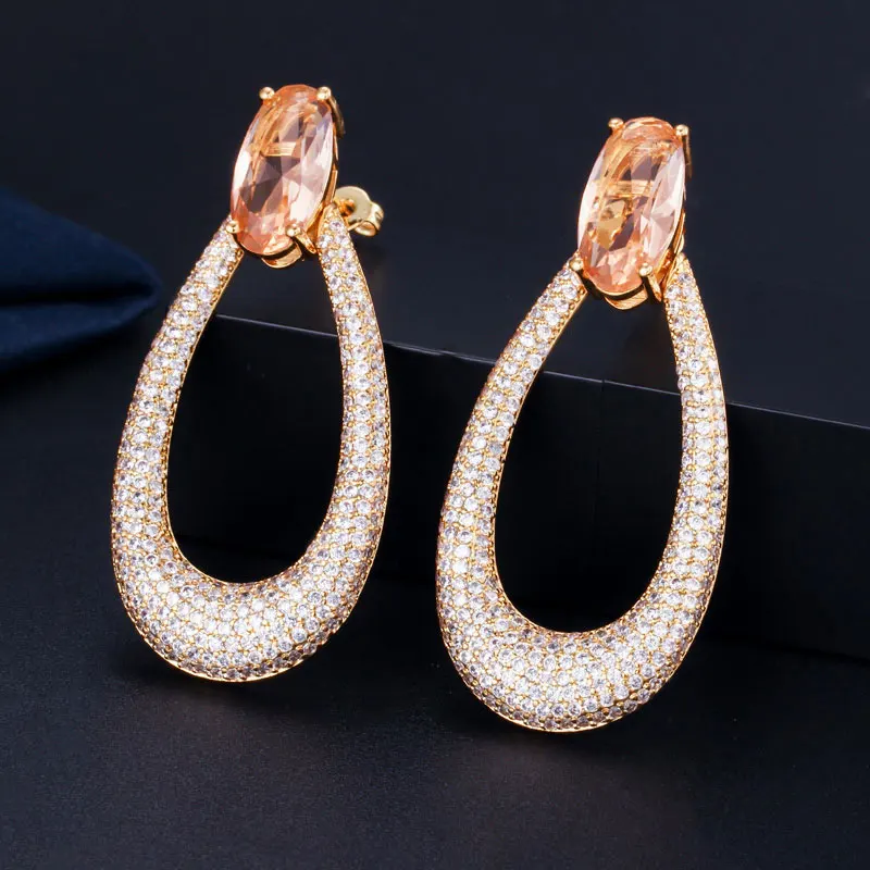 Yellow Gold Color Micro Paved Cubic Zircon Stone Big Long Round Drop Dangle Earrings for Women Engagement Wedding Party Jewelry