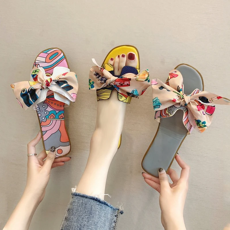 

Summer Popular Women Slide sandal with Bow Decoration Ladies Slipper Printed Flat Slides for girl