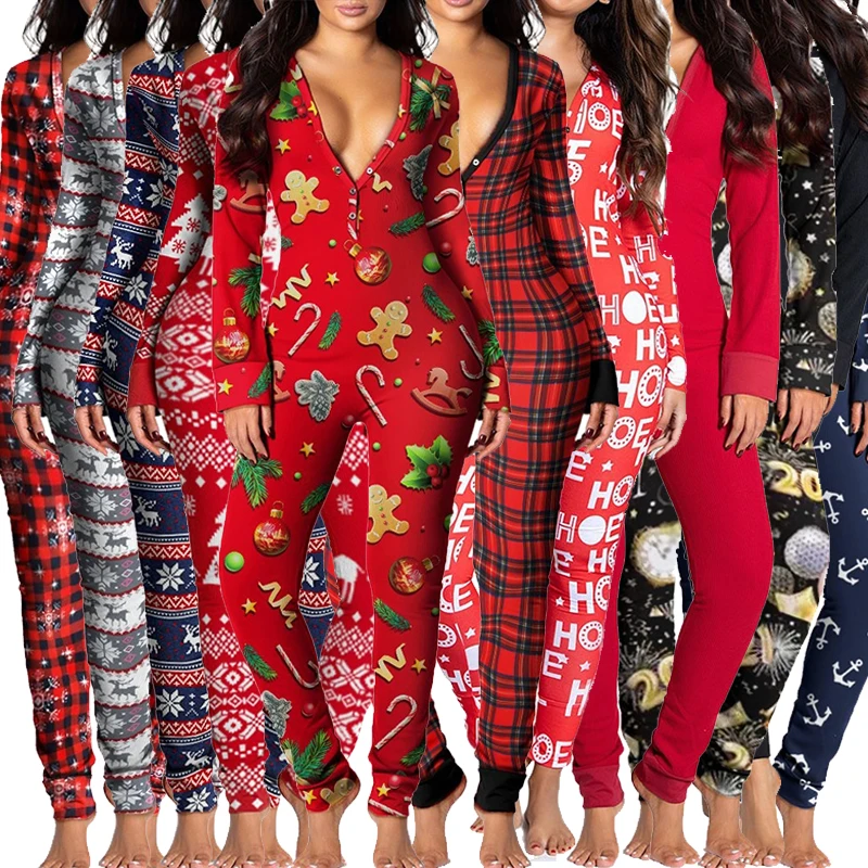 

Wholesale Fall Winter Set Woman Clothing Long Sleeve Bodycon One Piece Jumpsuit Print V Neck Loungewear Design Christmas Pajamas, Picture shows