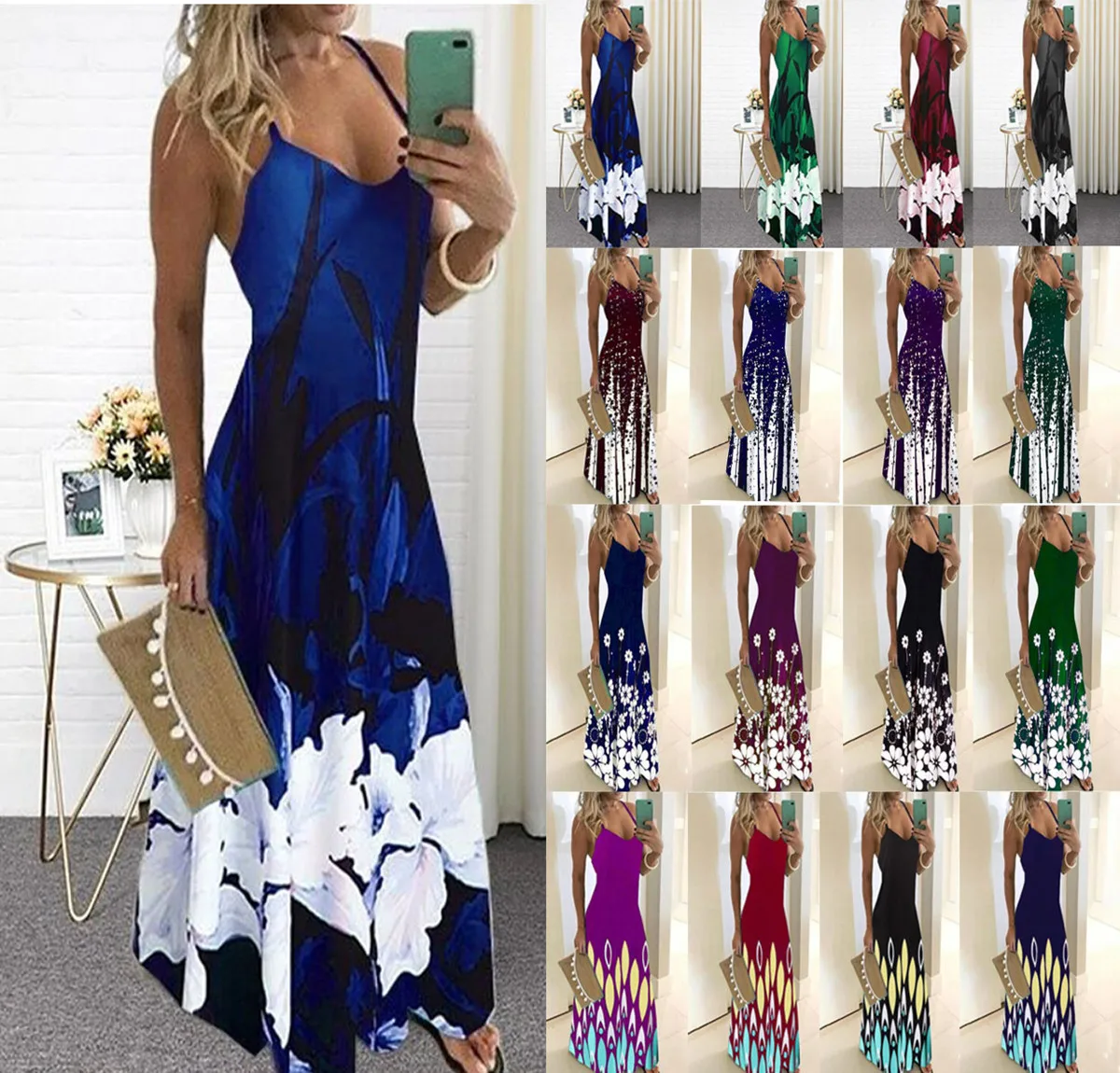 

Floral Maxi Dress Long Strap Sexy Summer Dresses Elegant Casual Sundress Plus Size Women Clothes, As shown