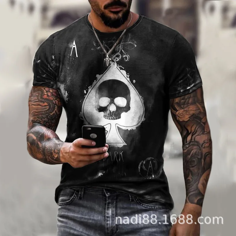 

BJ006 Summer Vintage Spades Skull Print O Neck mens oversize polo shirts sports t-shirt