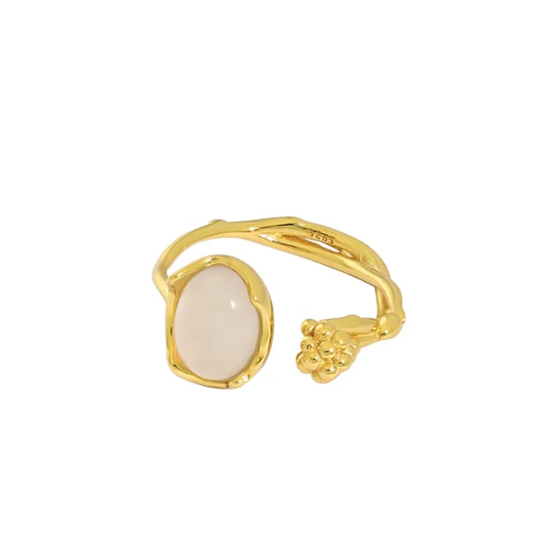 18K Gold Plated Irregular Agate Ring S925 Sterling Silver Irregular Design Flower Bud Rattan Agate Stone Ring