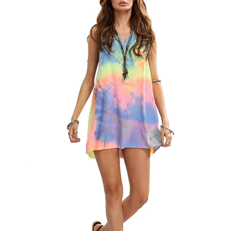 

2020 Wholesales Colorful Sleeveless V Neck Tie Dye Tunic Tops Casual Swing Tee Shirt Dress