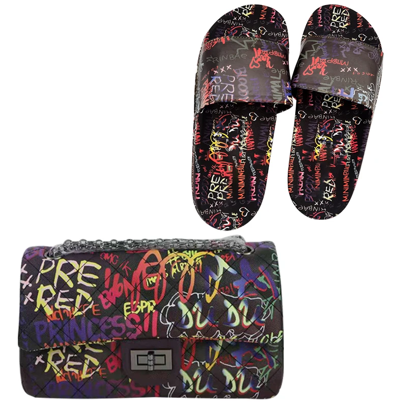 

2021 Agreat New Arrival Matching Women Chian Hand Bag Fashionable Fur Slippers and Purse Sets Graffiti, Customizable