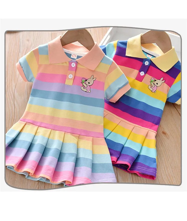 

2-6Yrs Kids Dress Casual Polo Collar Rainbow Striped Pleated Skirts with Rabbit Girls Frock Fashion Baby Summer Dresses Infant, Light rainbow/dark rainbow