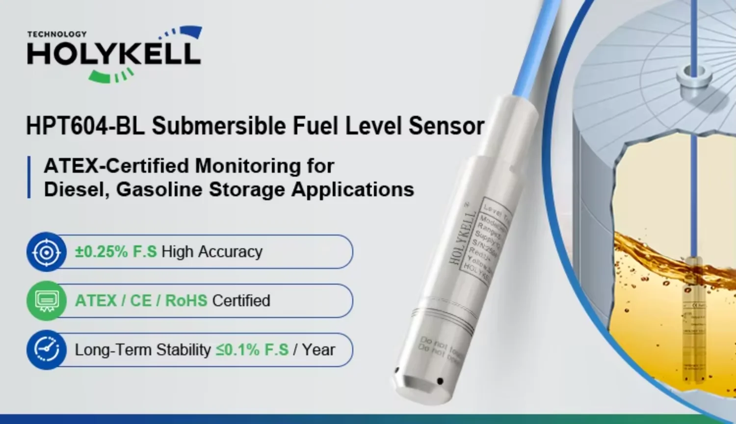 Holykell HPT604-BL ATEX IECEx Explosion Proof Submersible Fuel Level Transmitter Sensor for Gasoline Diesel Tank Monitoring