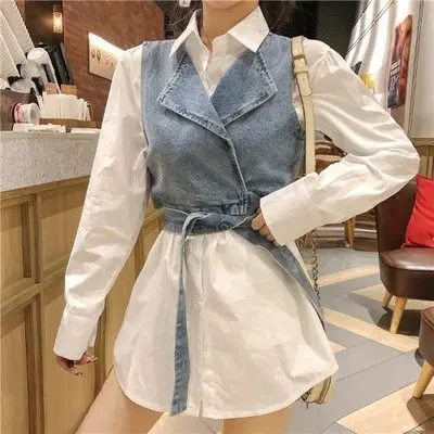 

Elegant Two Piece Set For Women Lapel Puff Sleeve Shirt Sleeveless Denim Cross Coat