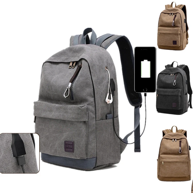 

Durable Wholesale Custom Canvas Hiking Backpack with USB Charging Port for Unisex Casual School Bag