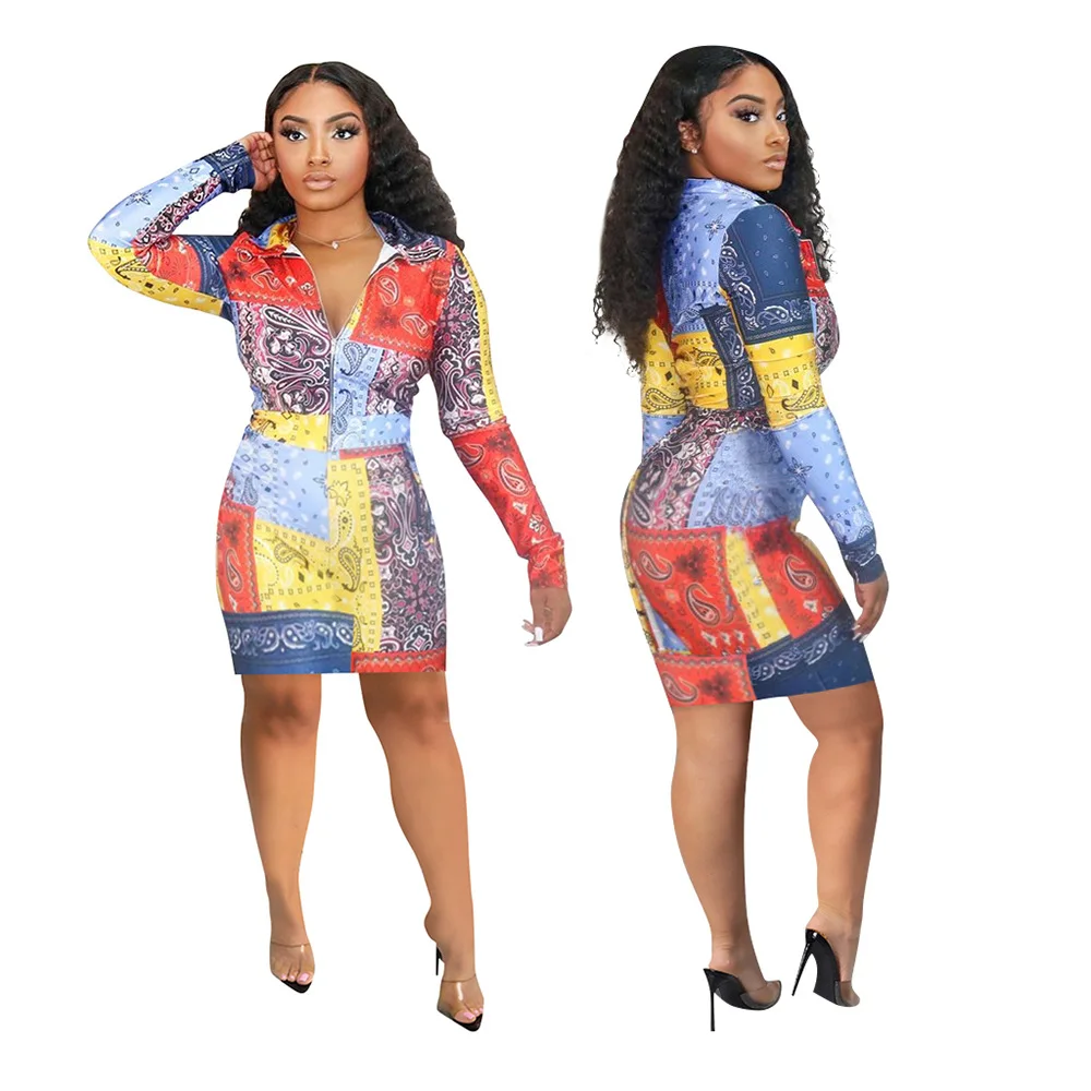 

S225 Fashion Patchwork Long Sleeve Printed Ladies Elegant Casual Dress Sexy Women Clothing