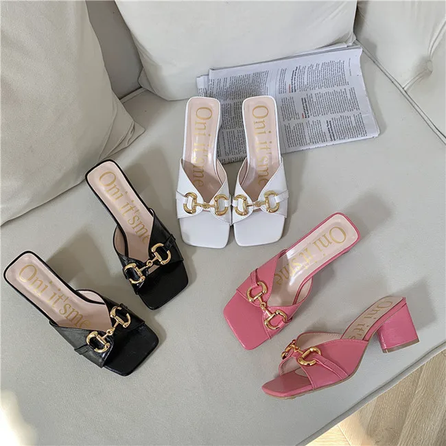 

Square head pink high heels shoes for women gold chain chunky heel sandals women slippers heels daily dress shoes, Pictures shown