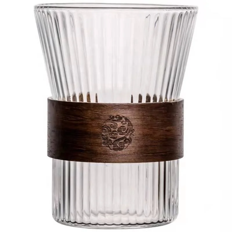 

300ml Clear Heat resistant glass coffee cup with bamboo single retro style striped juice cup iced cup beer mug