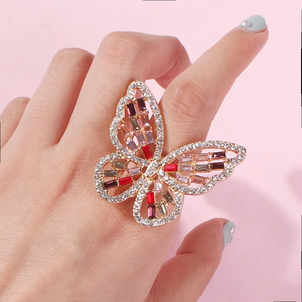 

HOVANCI New Design Exquisite Hollow out Butterfly Ring Fashion Luxury Shinny Rhinestone Crystal Butterfly Ring Women Jewelry, Gold