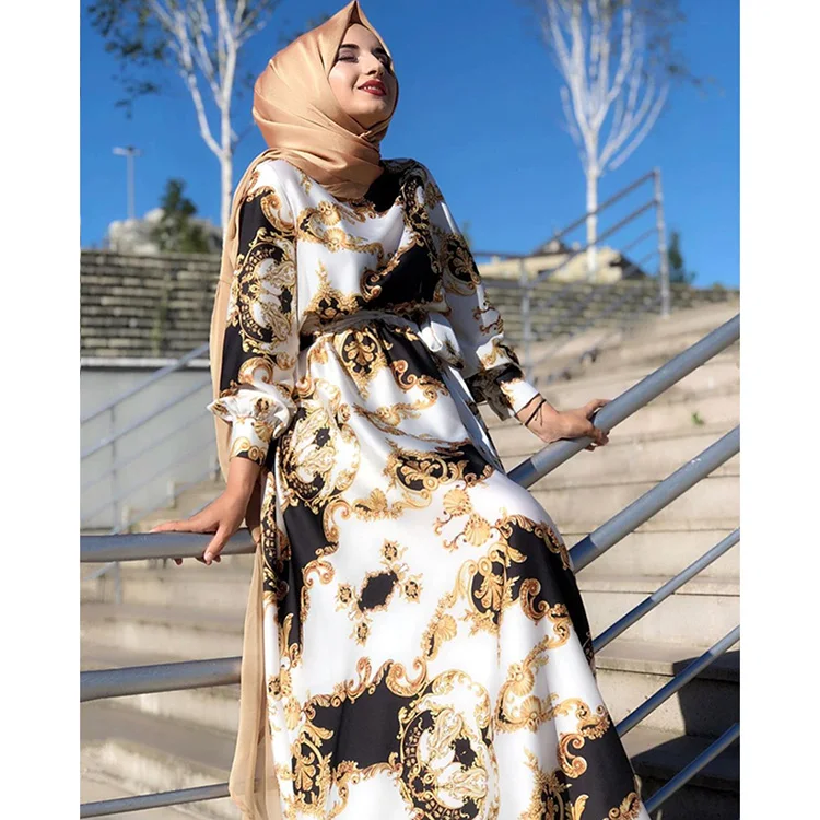 

Women Sash Loose Summer Round Collar White Black Yellow Garment Fashion Abaya Muslim Floral Printed Long Sleeve Dress, White, orange