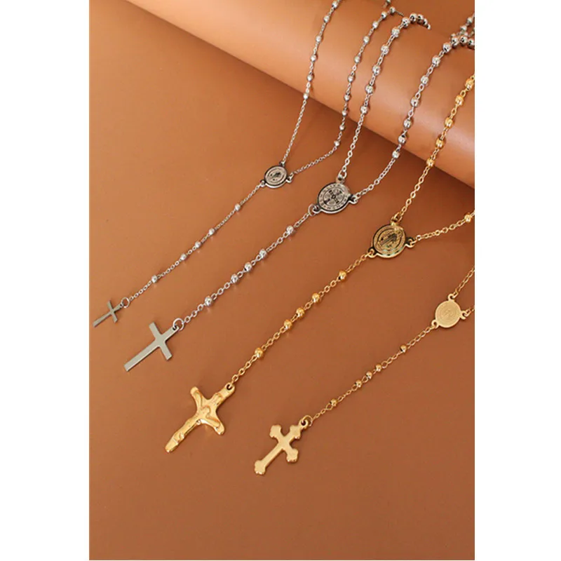 

Stainless steel religious jewelry long chain Madonna coin necklace ST BENEDICT ROSARY
