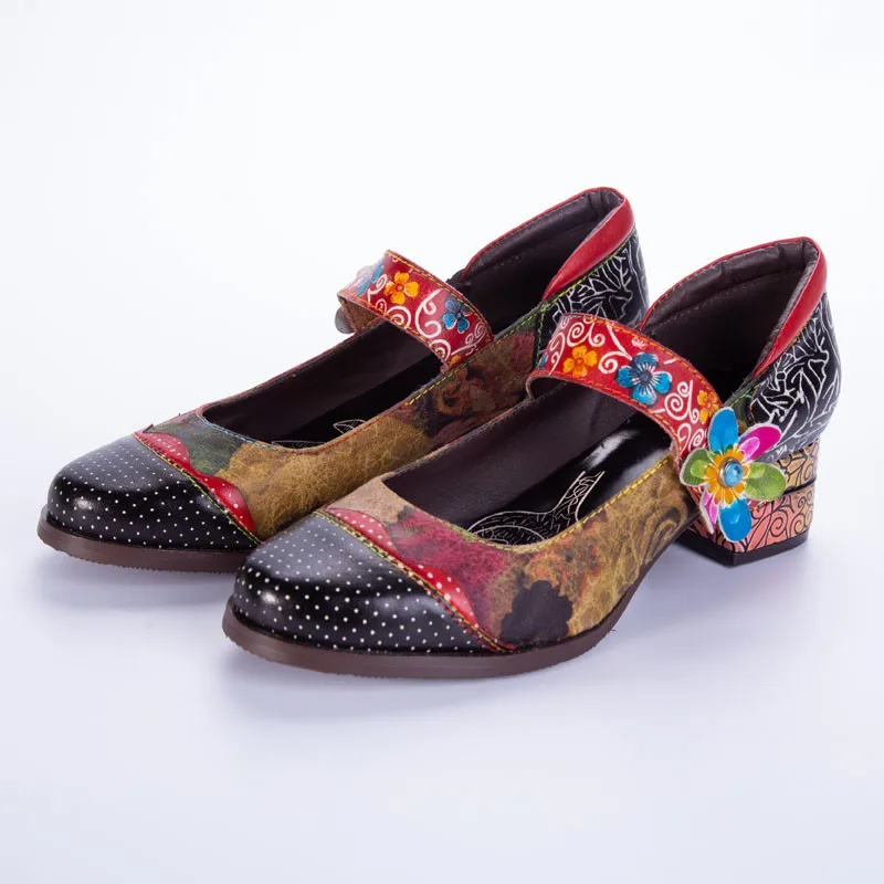

Women Fashion Boho Pump Printed Genuine Leather Shoes Natural Comfy Block Heels Shoes Plus Size