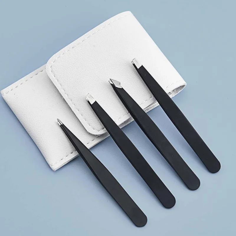 

Customized 2pcs 4pcs Black white Slanted Pointed Eyelash Eyebrow Tweezers Set with case