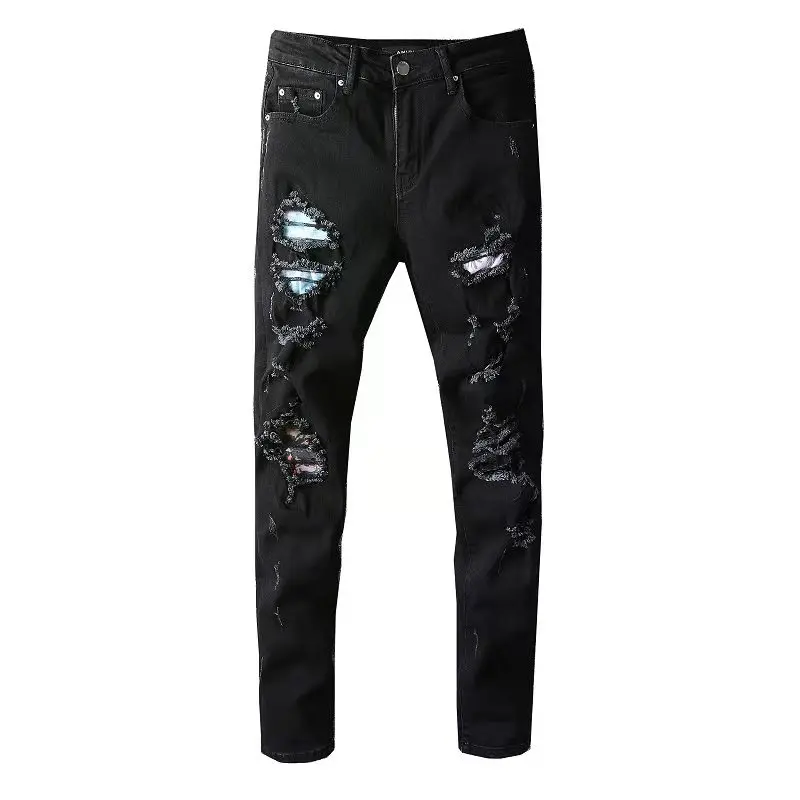 

High Street Men's Jeans Black Color Destroyed Hip Hop Jeans Homme Men Broken Punk Pants Patch Skinny Ripped Jeans For Men, Picture