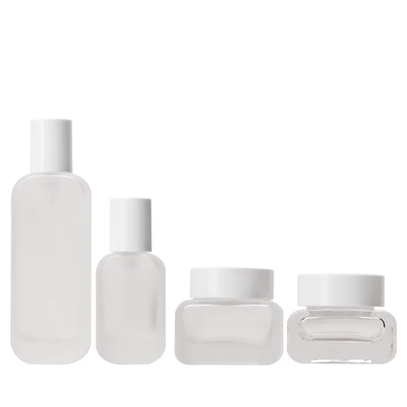 

Frosted essence glass bottle 30-100ml lotion bottle 50g square cream jar cosmetics glass set white cap bottle