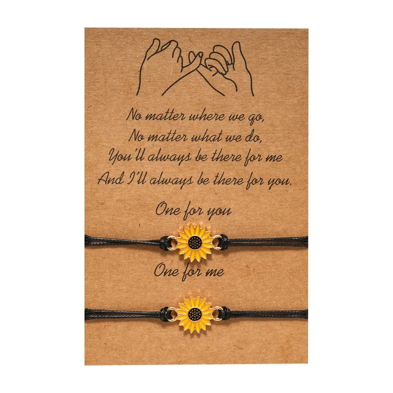 

Handmade Braided Black Rope Chain Bracelet 2pcs/set Sunflower Charm Bracelet Friendship Jewelry Gift Wish Card Bracelet (SK1292), As picture