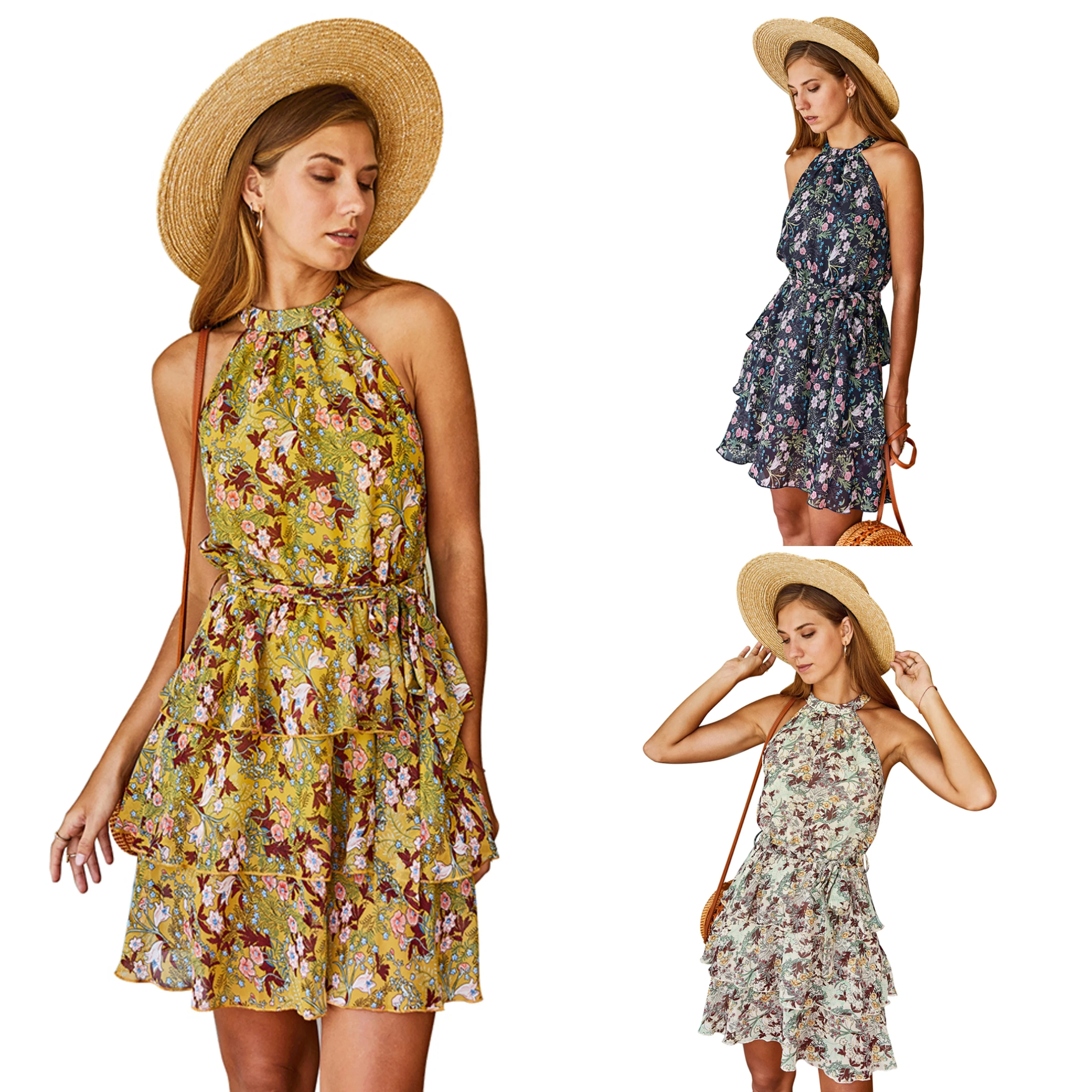 

2021Fashion Sexy Women Sleeveless Ruffle Animal Print Chiffon Dress Lady Bohemian Floral Print Plus Size Beach Short Skirts, Can be customized