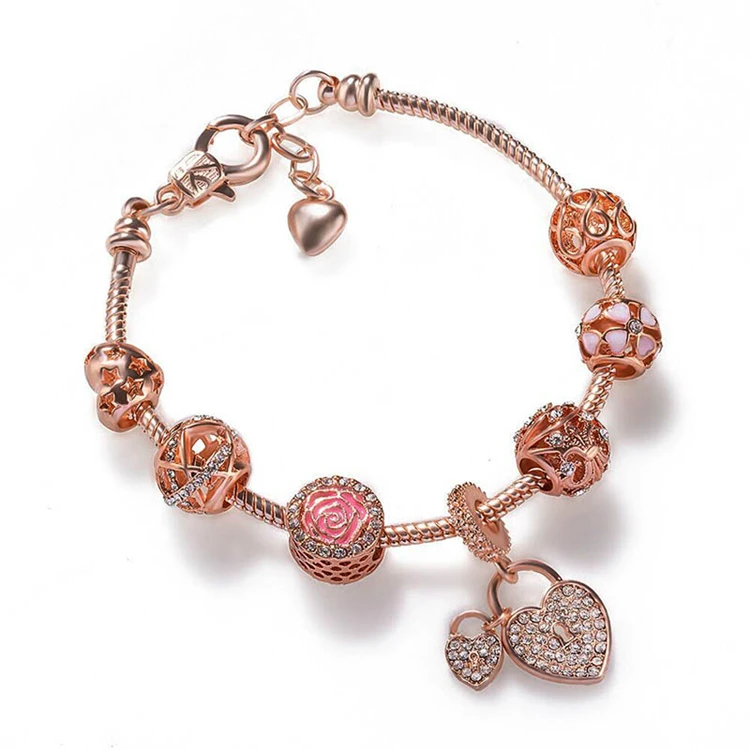

New hollowed-out heart-bracelet heart beads diy Popular Fashion Rose Gold Charm Bracelet