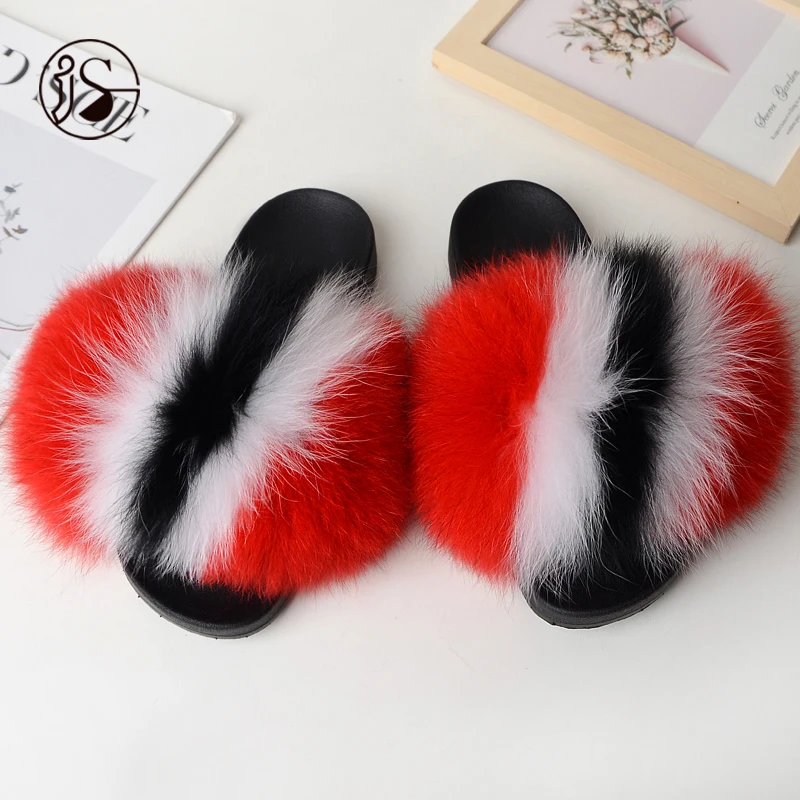 

High-end genuine real fox fur slippers fluffy fashion lady fox slipper colorful fur slides custom soft and warm slippers, Picture