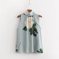 

High fashion bow neck floral printed casual tops women floral printed sleeveless blouse