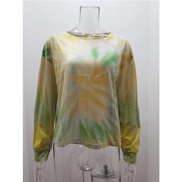 

WW-0243 Tie-dye No Hat Round Collar Fleece Female T-shirt Loose Autumn Winter Long Sleeve Cotton T shirt Womans Tie Dye Blouse, Customized color