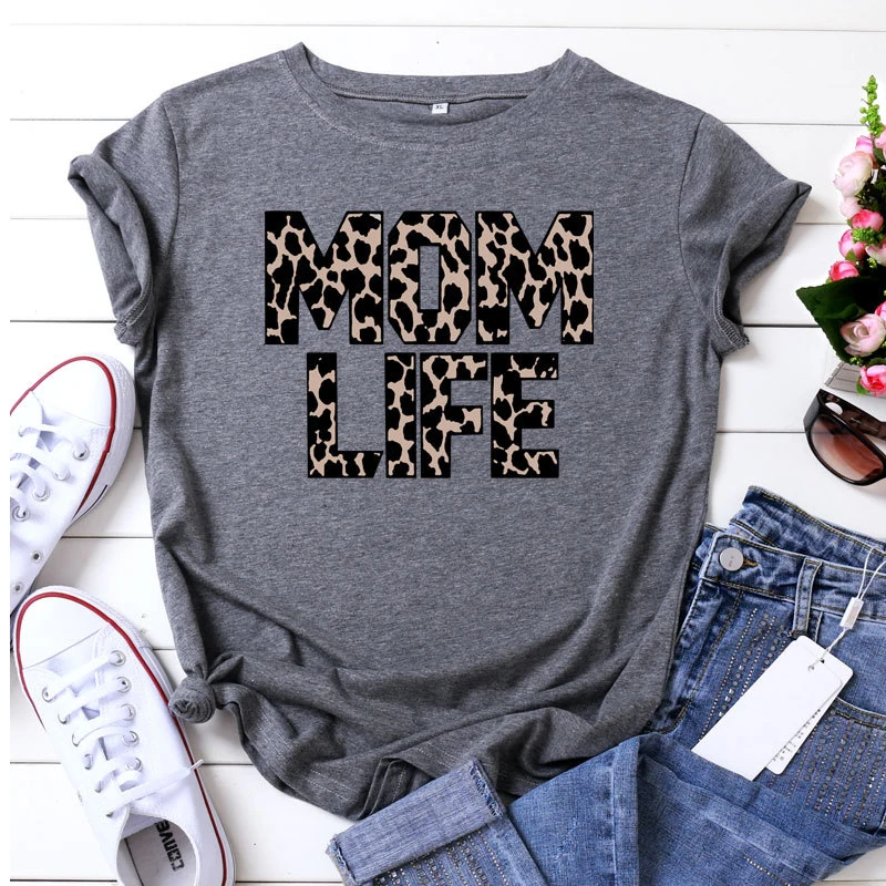 

Mom Life T-Shirt Women Mom Leopard Letter Printed Casual Short Sleeve Shirt Mama Casual Tee Tops