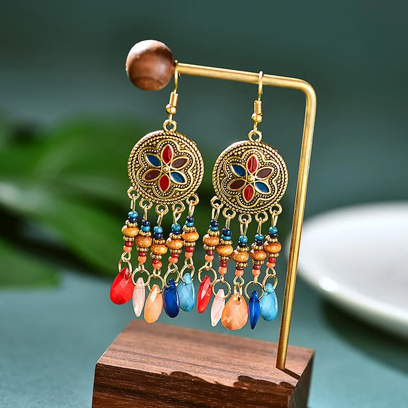 

New Retro Style Metal Flower Earrings Women Long Multi-Layer Bead Earrings Gold Plated Diamond Flower Earrings
