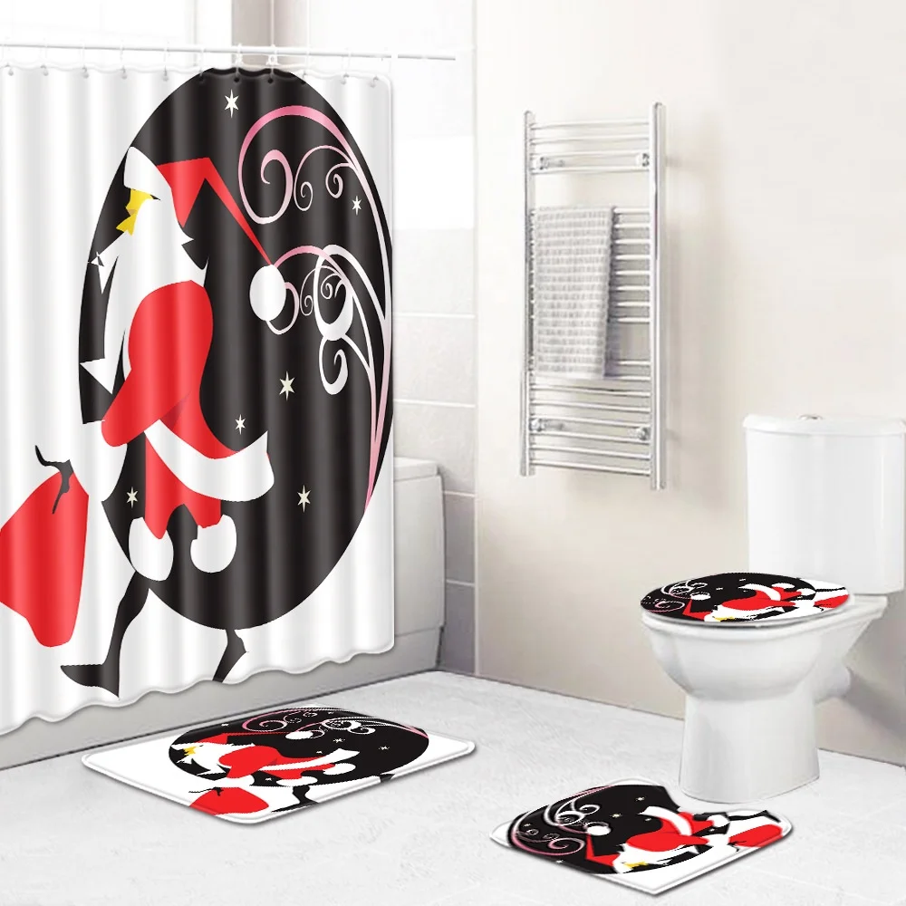 

Christmas Print Shower Curtain Floor Carpet U-shaped Mat Toilet Cover Mat 4 Pieces Set, Picture