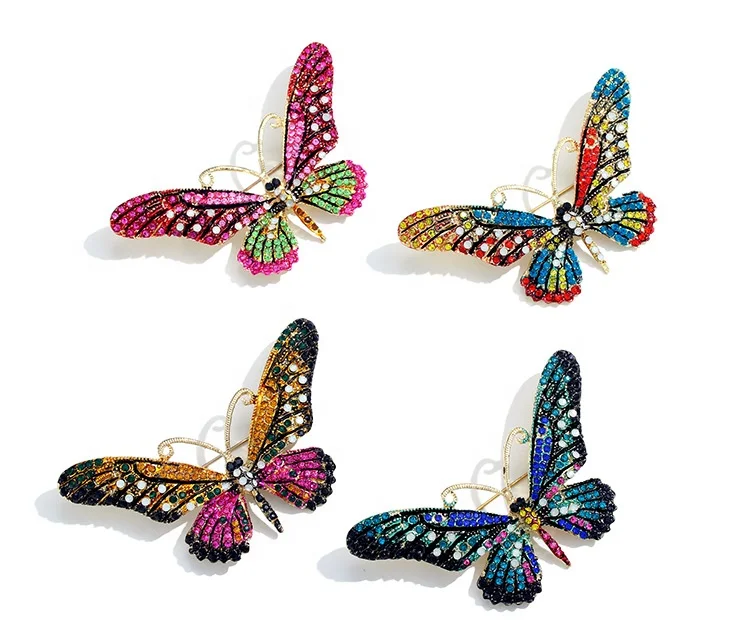 

QIANZUYIN Wholesale Brooches Fashion Enamel Insect Brooch For Jewelry Lady Gift Color Butterfly Rhinestone Brooch, Gold