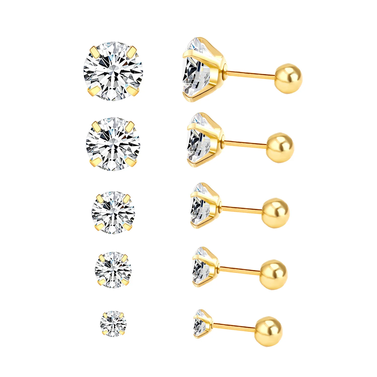 Popular Stainless Steel 18k Gold Plated 3/4/5/6/8mm Screw Earrings With Zircon Earring Jewelry