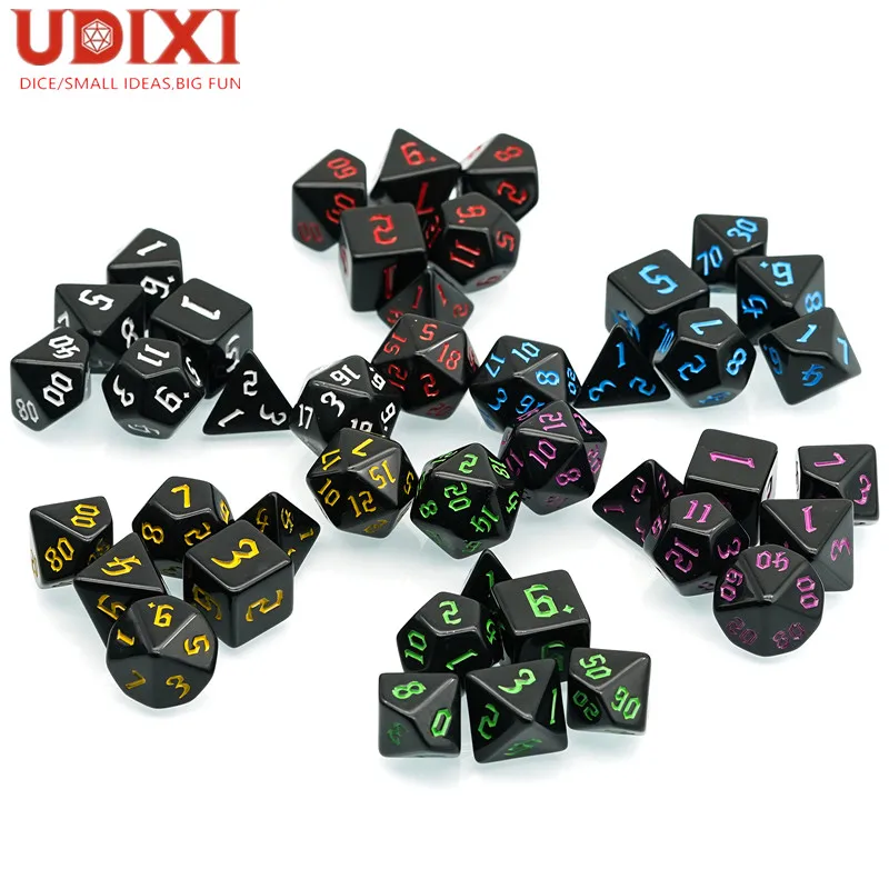 

Udixi Black with Multicolor font Dice Polyhedral Acrylic Dice DND RPG Board or Card Games High Quality Dice Set
