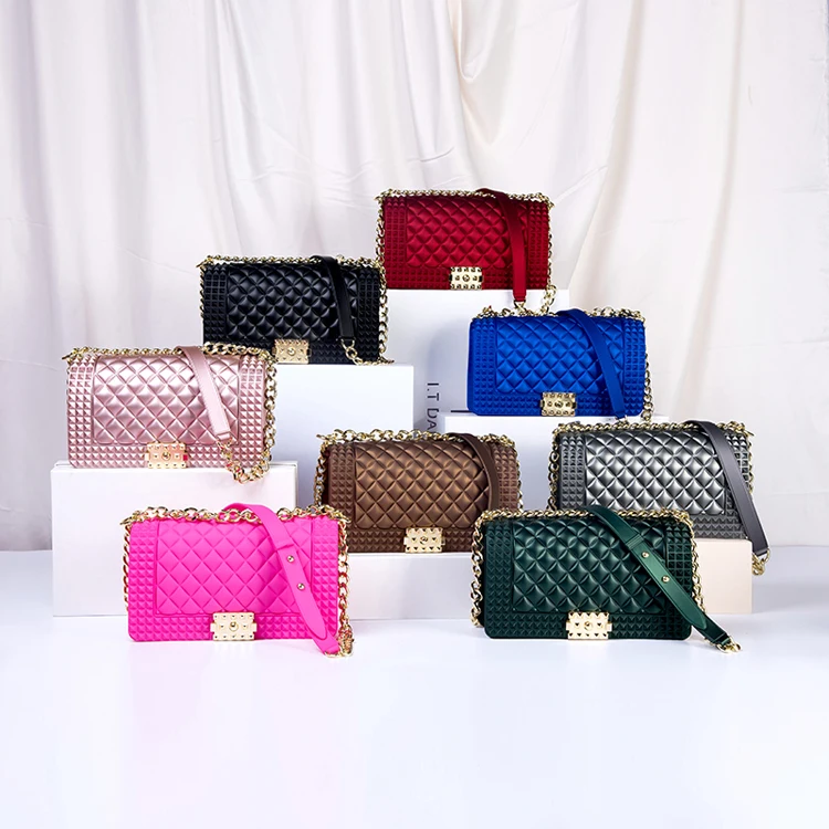 

Wholesale trendy designer luxury ladies shoulder handbag Pvc Lattice Chain Candy Color Jelly Bag Women purses and handbags 2021