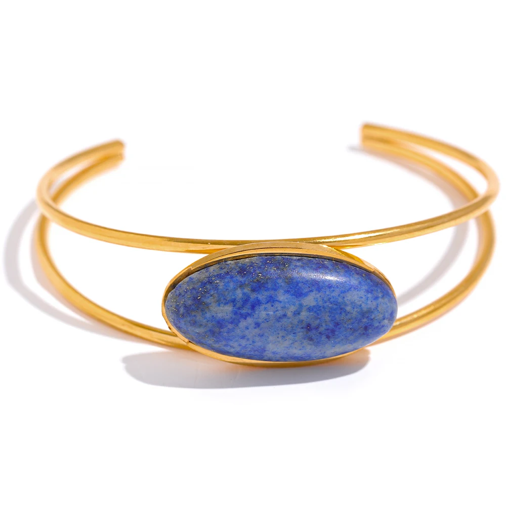 

JINYOU 749 New Natural Stone Lapis Lazuli Stainless Steel Cuff Bracelet 18k Gold Plated Waterproof Fashion Women Party Jewelry