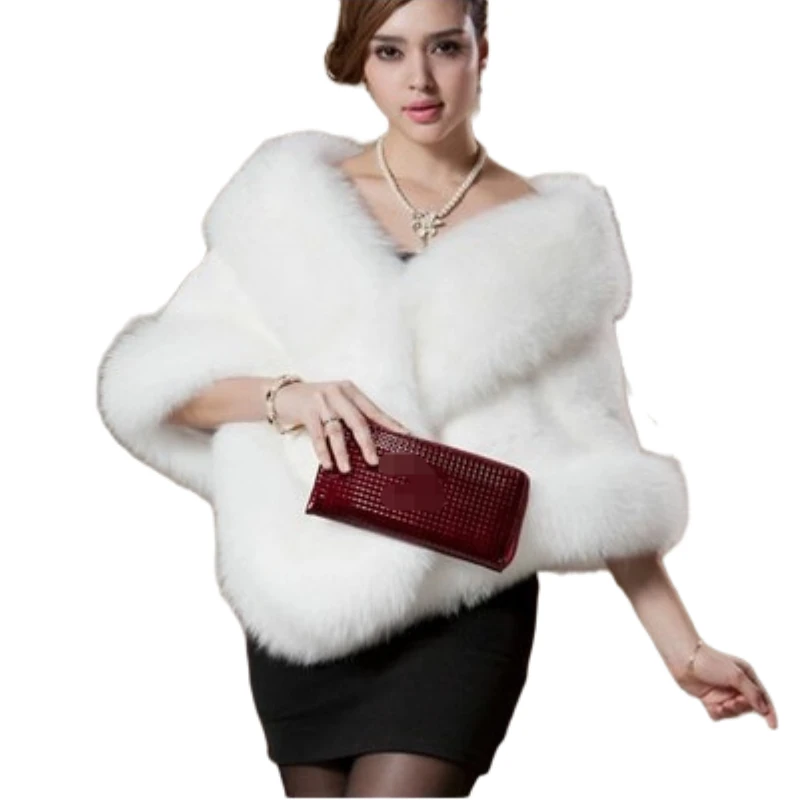 

Candice  red shawl wrap cape for bridal wedding party fashion warm black faux fur coat women