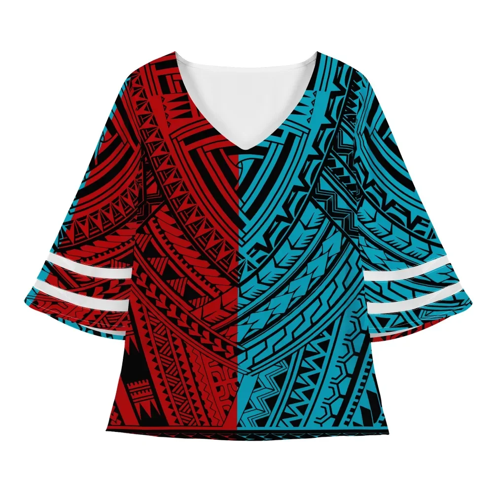 

Polynesian Tribal Design 2021 New Design Red Blue Symmetrical Printing Ladies Top Bell sleeve Casual Loose Ladies Chiffon Shirt, Customized color