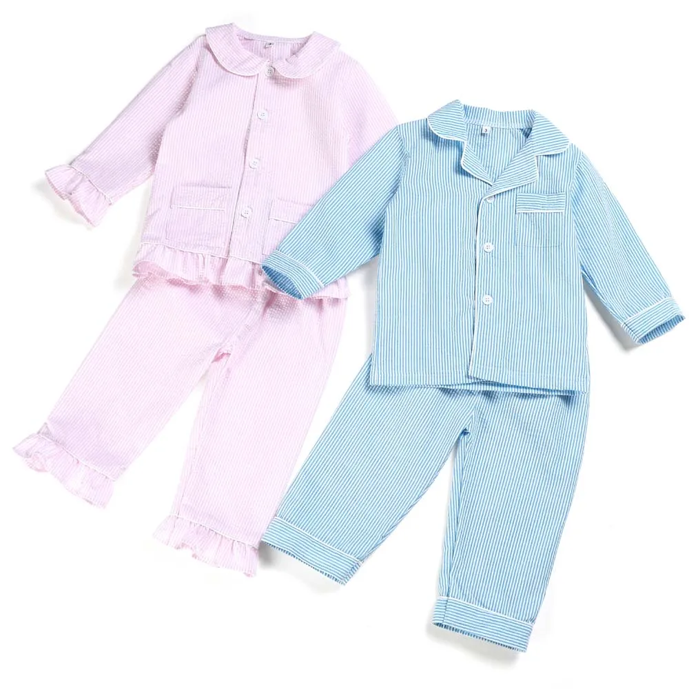 Spring and summer kid clothes seersucker boy and girls pajamas set baby outfit boutique pyjamas kids