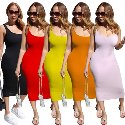 

L 2021 new summer fashion sleeveless Plain waist hollowed out sexy bodycon dress casual maxi dress