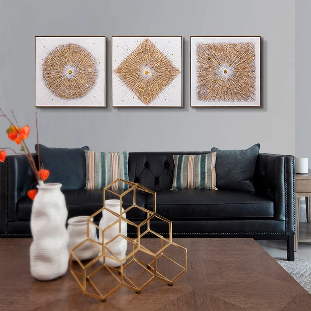 

Relife Geometrical Painting 3 Panels 60*60 Cm 100% Handmade Oil Painting Abstract Gold Luxury Framed Wall Decor