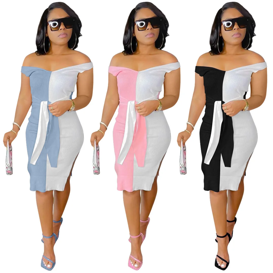 

2021 Fall Women Sleeveless Rib Knit Contrast Color Casual Dresses Fashion Elegant Bandage Midi Dress, Picture