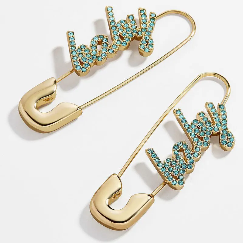 baby ciao letter safety pin earrings for women,ladies rhinestone earrings