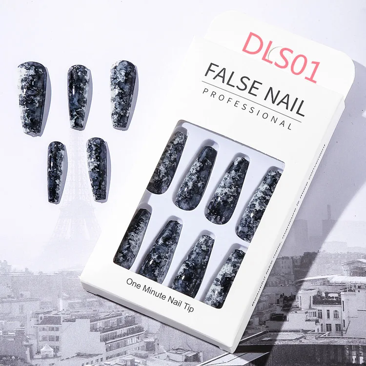 

Nails Extra Long Ballerina Coffin UV Gel Glue On False Acrylic Fingernails White Black Gradient Marble Press on Nails