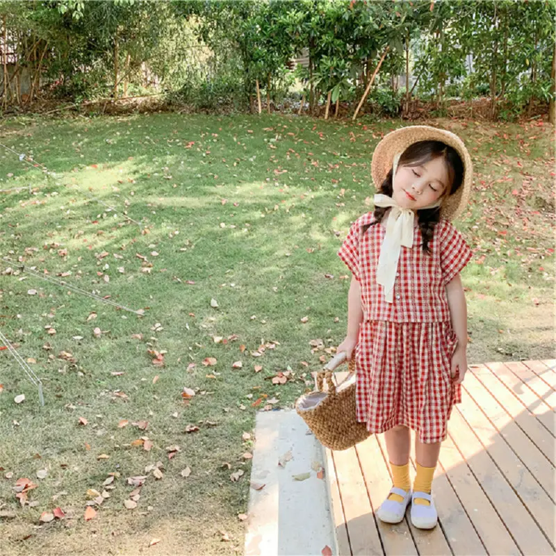 

2020 Girls red plaid short top and pocket skirt kids clothes summer for child